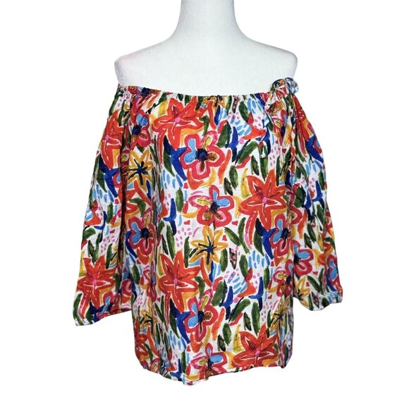 Hester & Orchard Linen Blend Size M Colorful Womens 3/4 Sleeve Shirt Cotton/Line - Picture 3 of 10